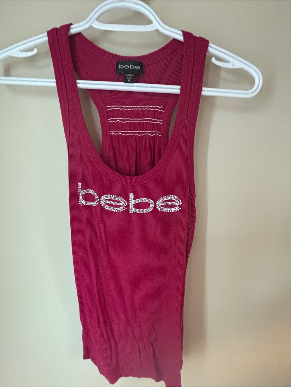 bebe Red/Pink Rhinestone Logo Ribbed Tank Top | Y2K | Size M - Picture 2 of 4
